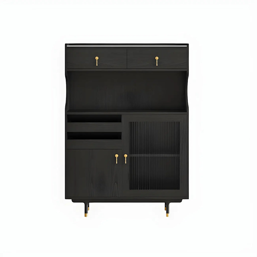 vaisselier de cuisine en bois brun avec porte vitrée et rangements