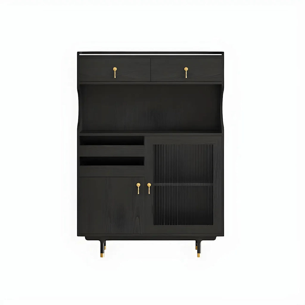 vaisselier de cuisine en bois brun avec porte vitrée et rangements