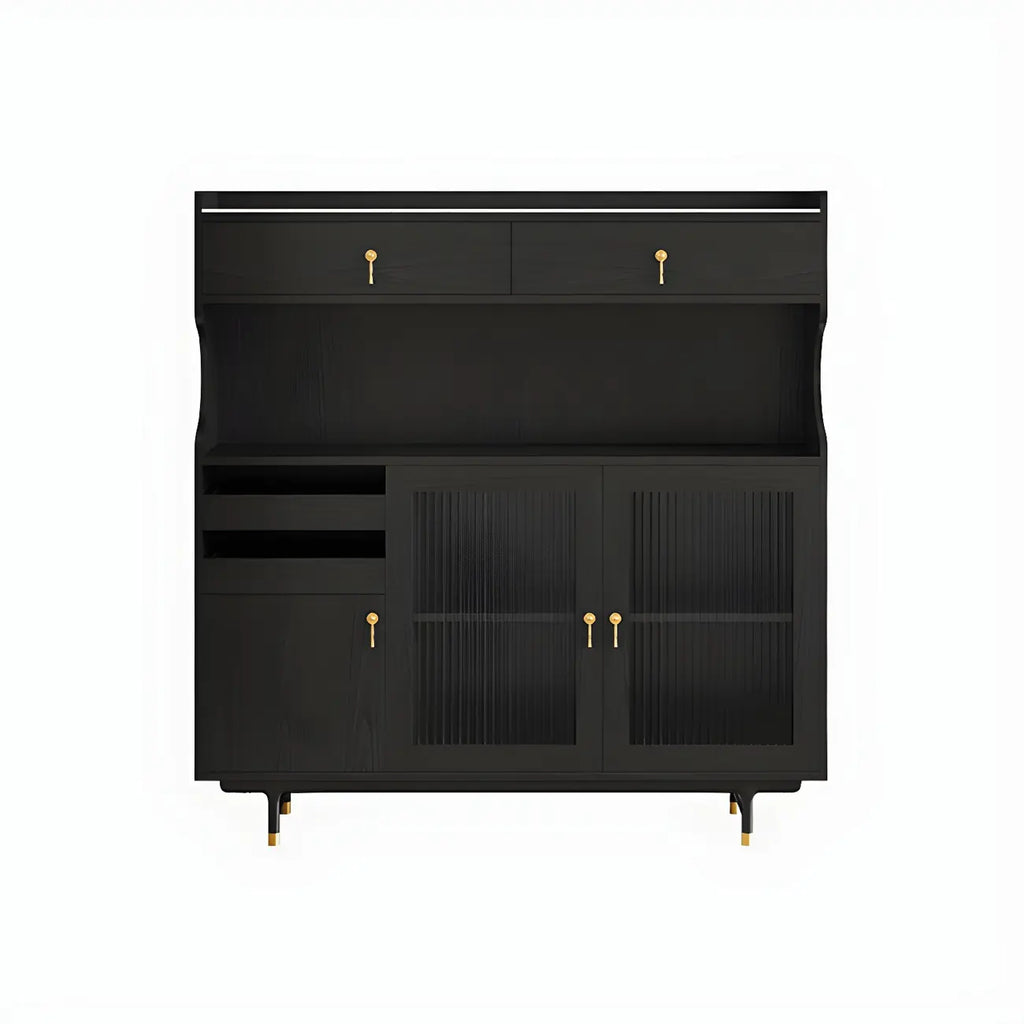 vaisselier de cuisine en bois brun avec porte vitrée et rangements