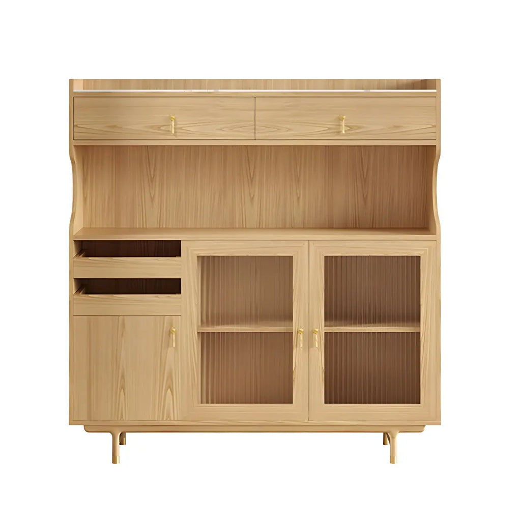 vaisselier de cuisine en bois brun avec porte vitrée et rangements