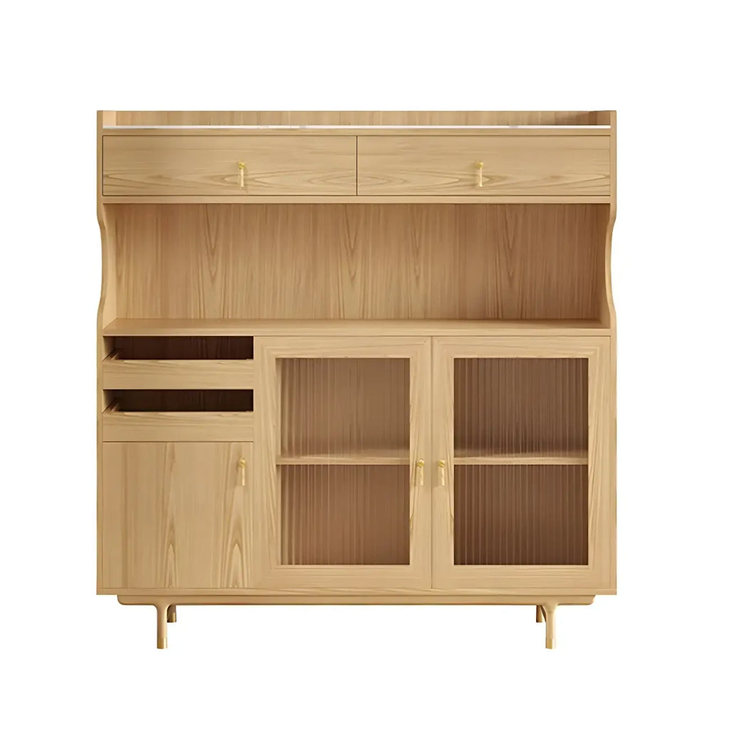 vaisselier de cuisine en bois brun avec porte vitrée et rangements