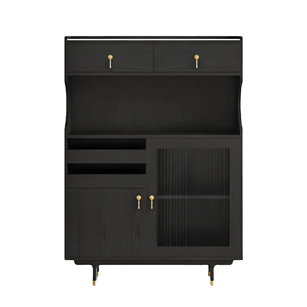 vaisselier de cuisine en bois brun avec porte vitrée et rangements