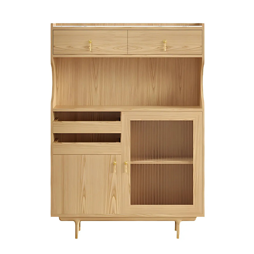 vaisselier de cuisine en bois brun avec porte vitrée et rangements