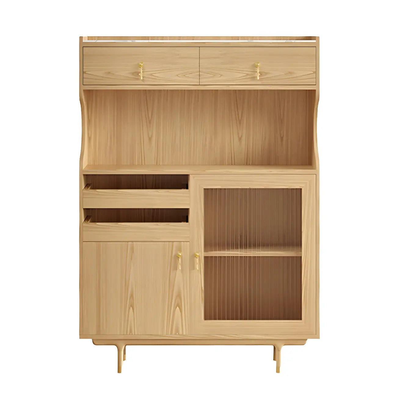 vaisselier de cuisine en bois brun avec porte vitrée et rangements