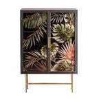 Vitrine en bois gris avec portes vitrées et pieds dorés