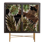 Vitrine en bois gris avec portes vitrées et pieds dorés