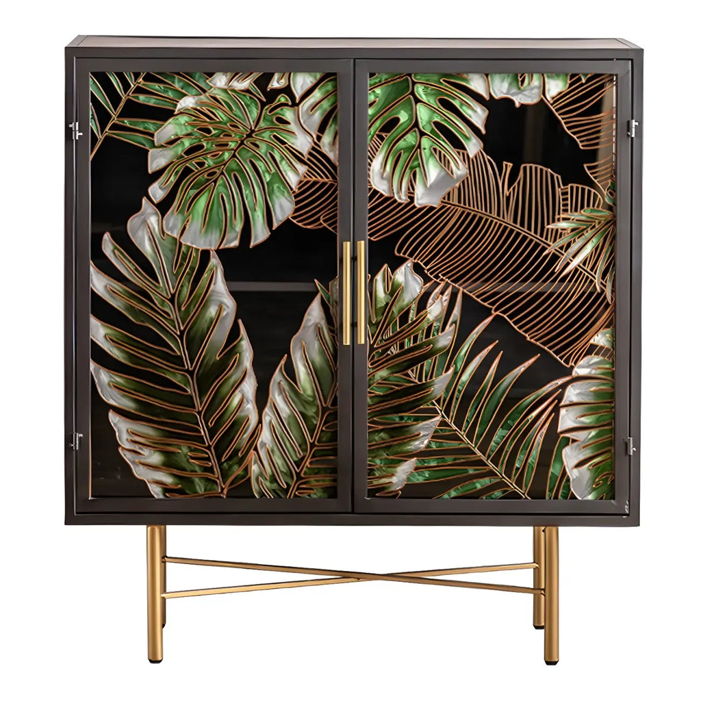 Vitrine en bois gris avec portes vitrées et pieds dorés