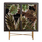 Vitrine en bois gris avec portes vitrées et pieds dorés