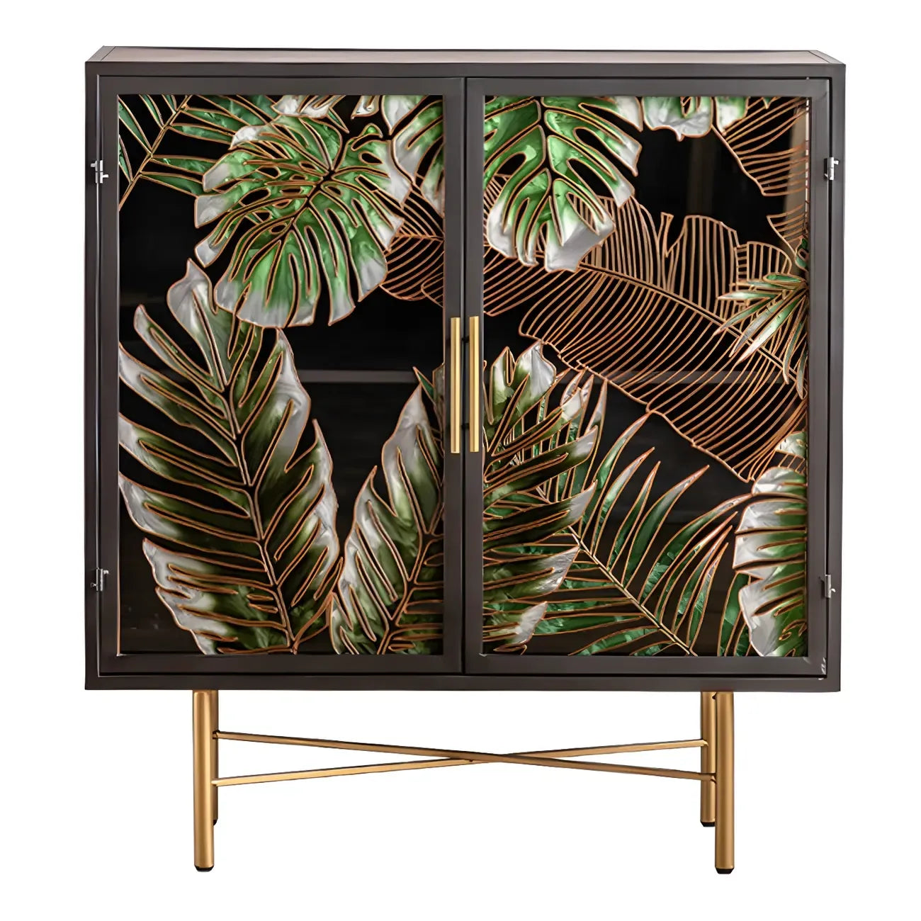 Vitrine en bois gris avec portes vitrées et pieds dorés
