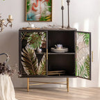 Vitrine en bois gris avec portes vitrées et pieds dorés