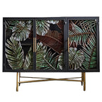 Vitrine en bois gris avec portes vitrées et pieds dorés