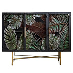 Vitrine en bois gris avec portes vitrées et pieds dorés