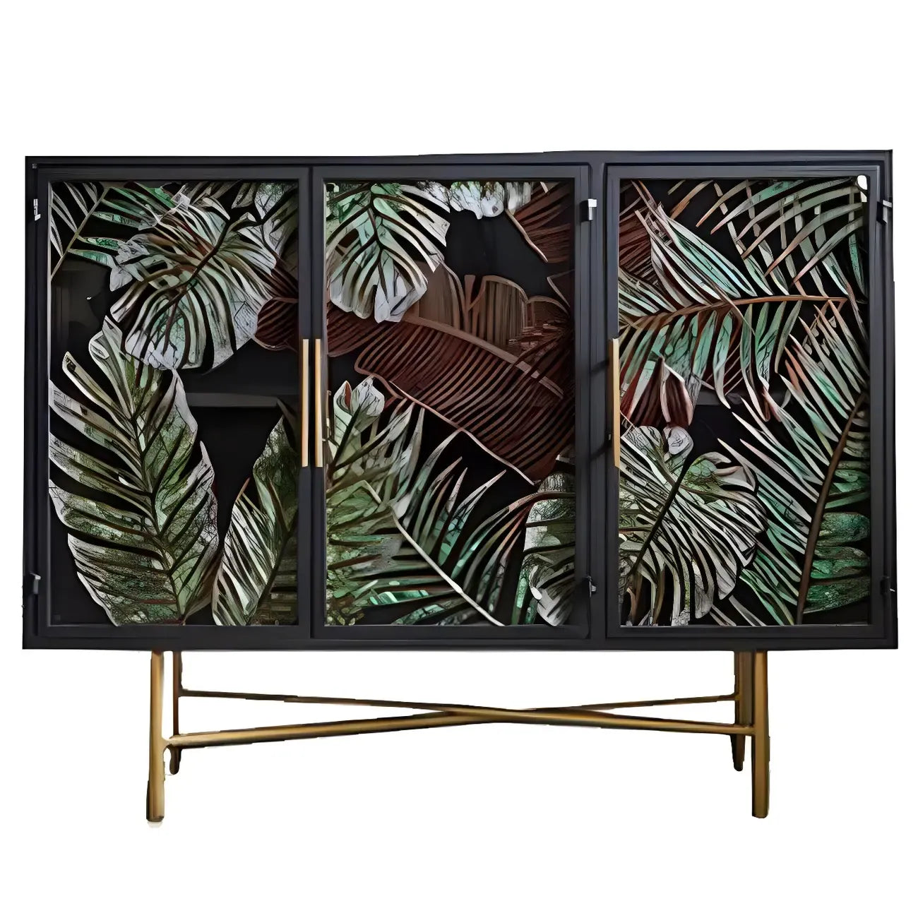 Vitrine en bois gris avec portes vitrées et pieds dorés