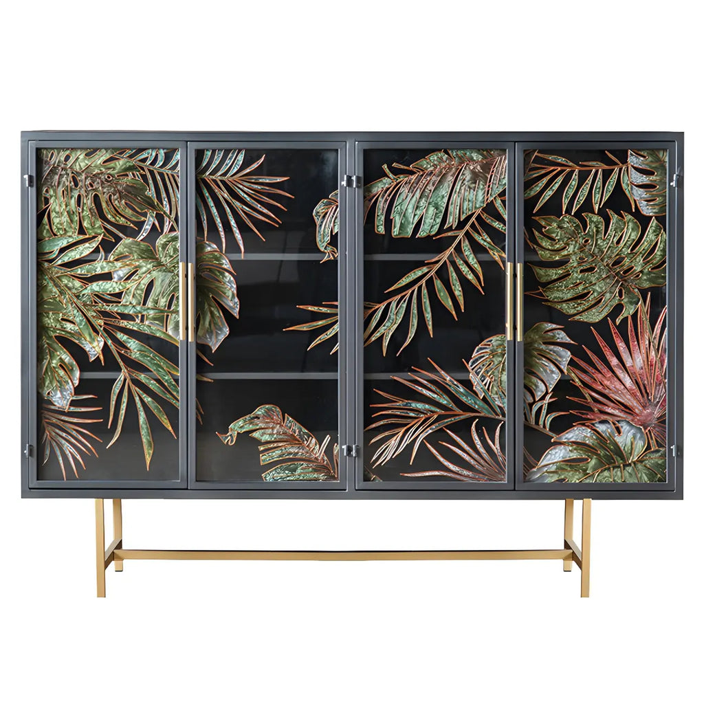 Vitrine en bois gris avec portes vitrées et pieds dorés