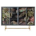 Vitrine en bois gris avec portes vitrées et pieds dorés