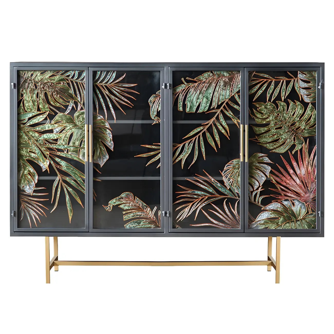 Vitrine en bois gris avec portes vitrées et pieds dorés