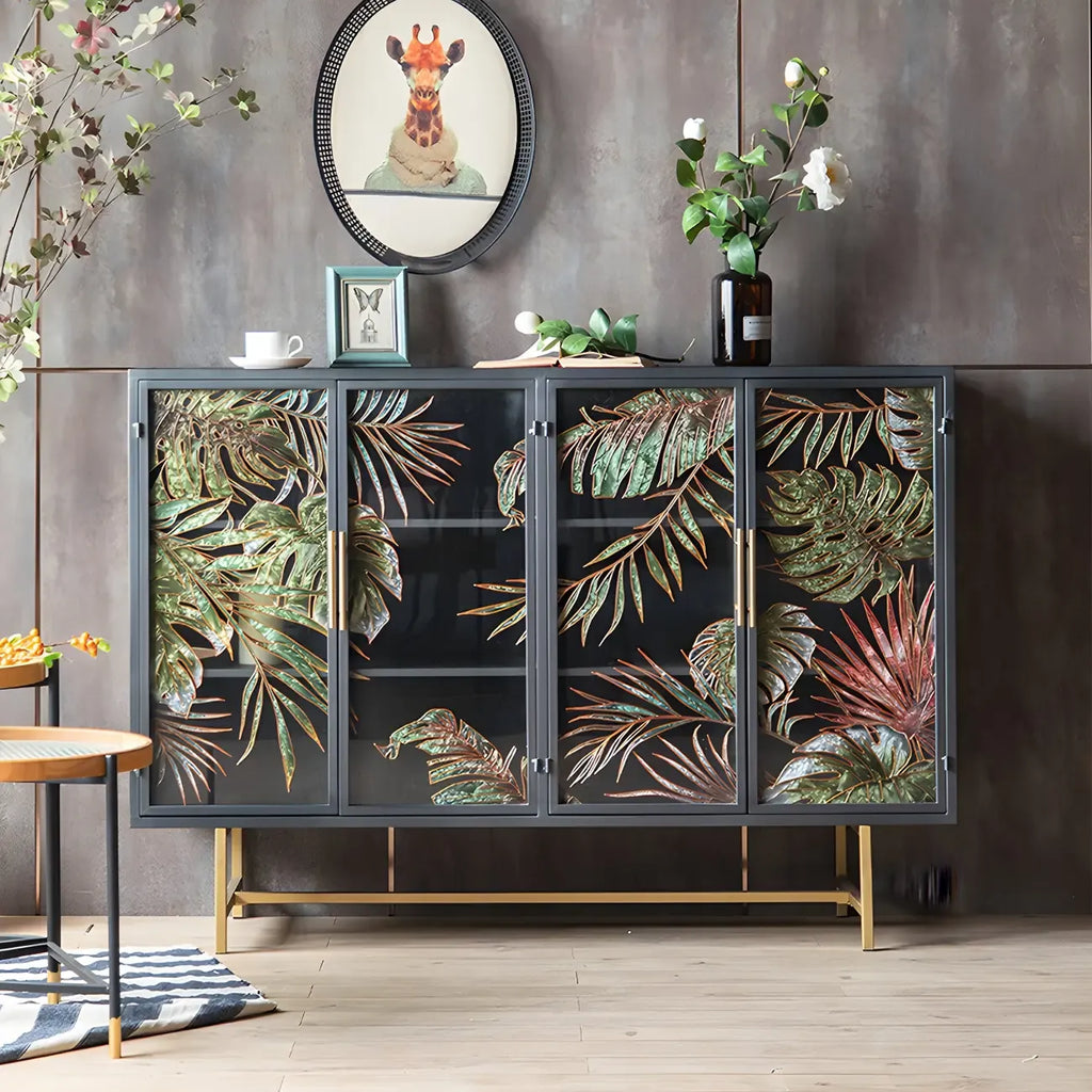 Vitrine en bois gris avec portes vitrées et pieds dorés