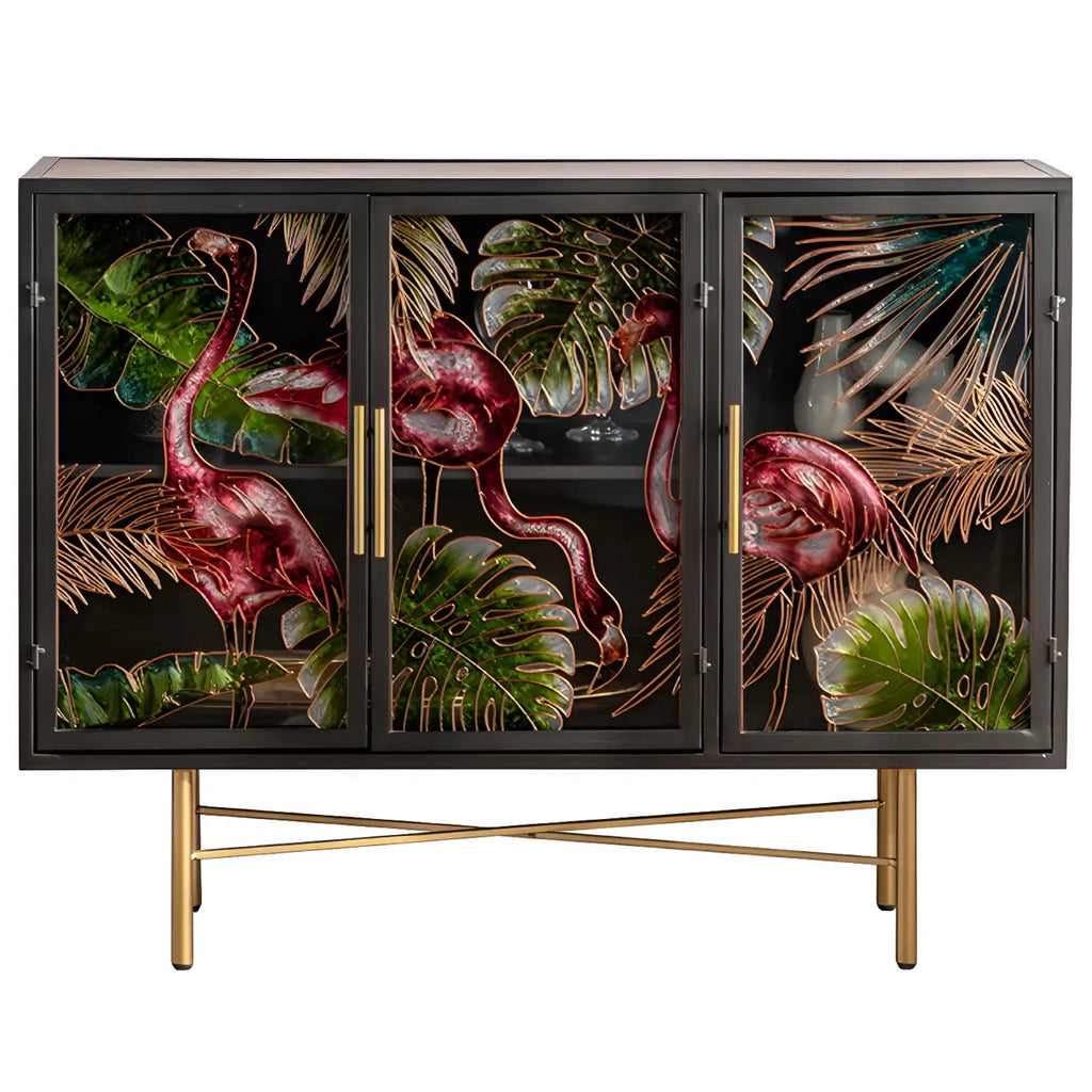 Vitrine en bois gris avec portes vitrées et pieds dorés