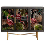 Vitrine en bois gris avec portes vitrées et pieds dorés