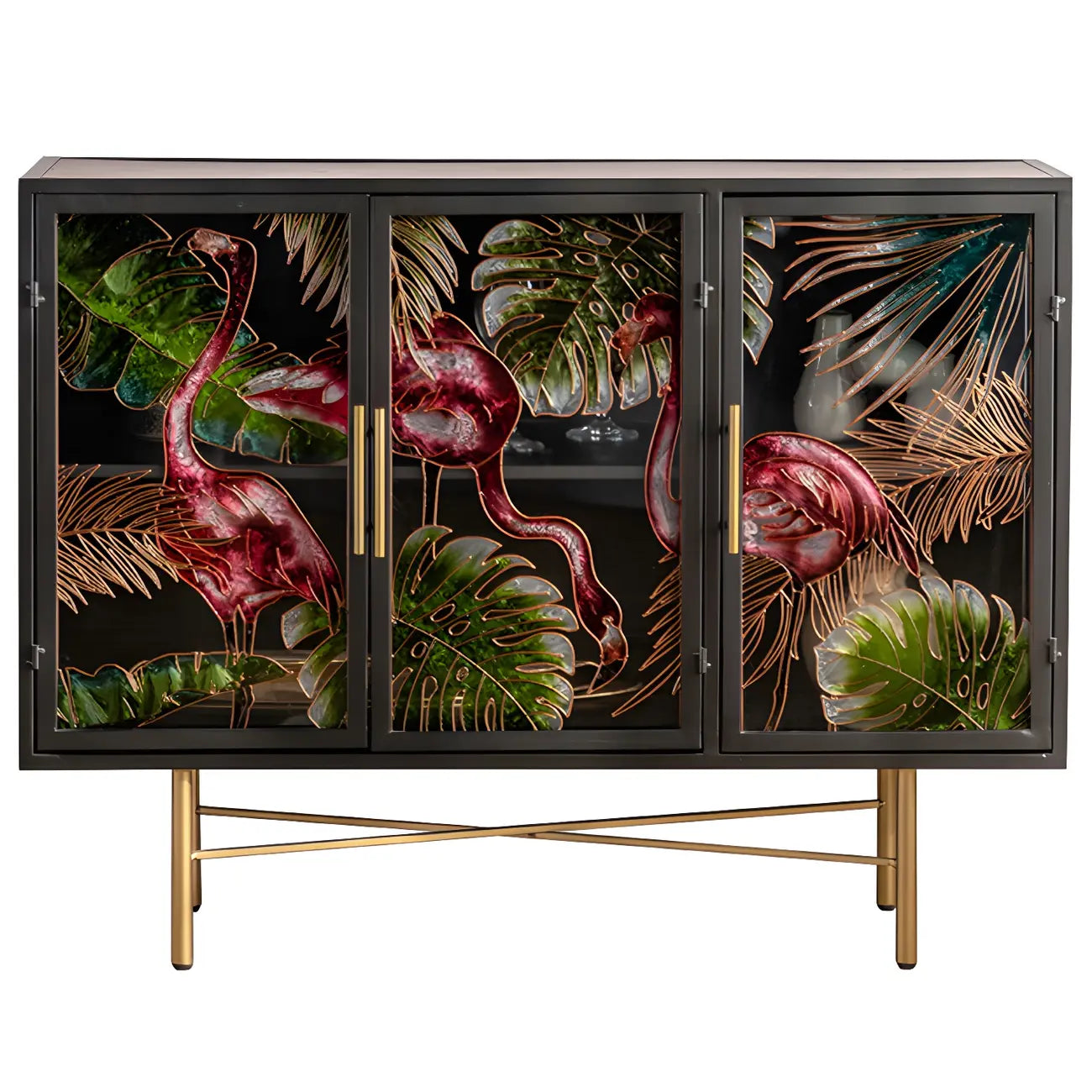 Vitrine en bois gris avec portes vitrées et pieds dorés