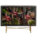 Vitrine en bois gris avec portes vitrées et pieds dorés