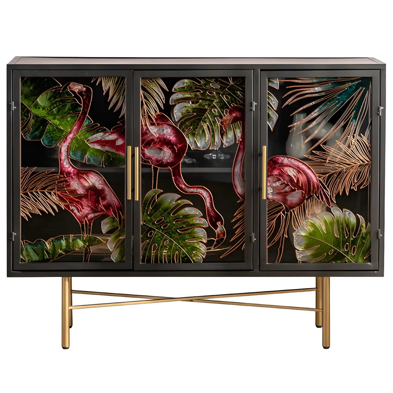 Vitrine en bois gris avec portes vitrées et pieds dorés