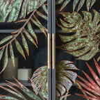 Vitrine en bois gris avec portes vitrées et pieds dorés