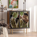 Vitrine en bois gris avec portes vitrées et pieds dorés