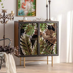 Vitrine en bois gris avec portes vitrées et pieds dorés