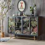 Vitrine en bois gris avec portes vitrées et pieds dorés