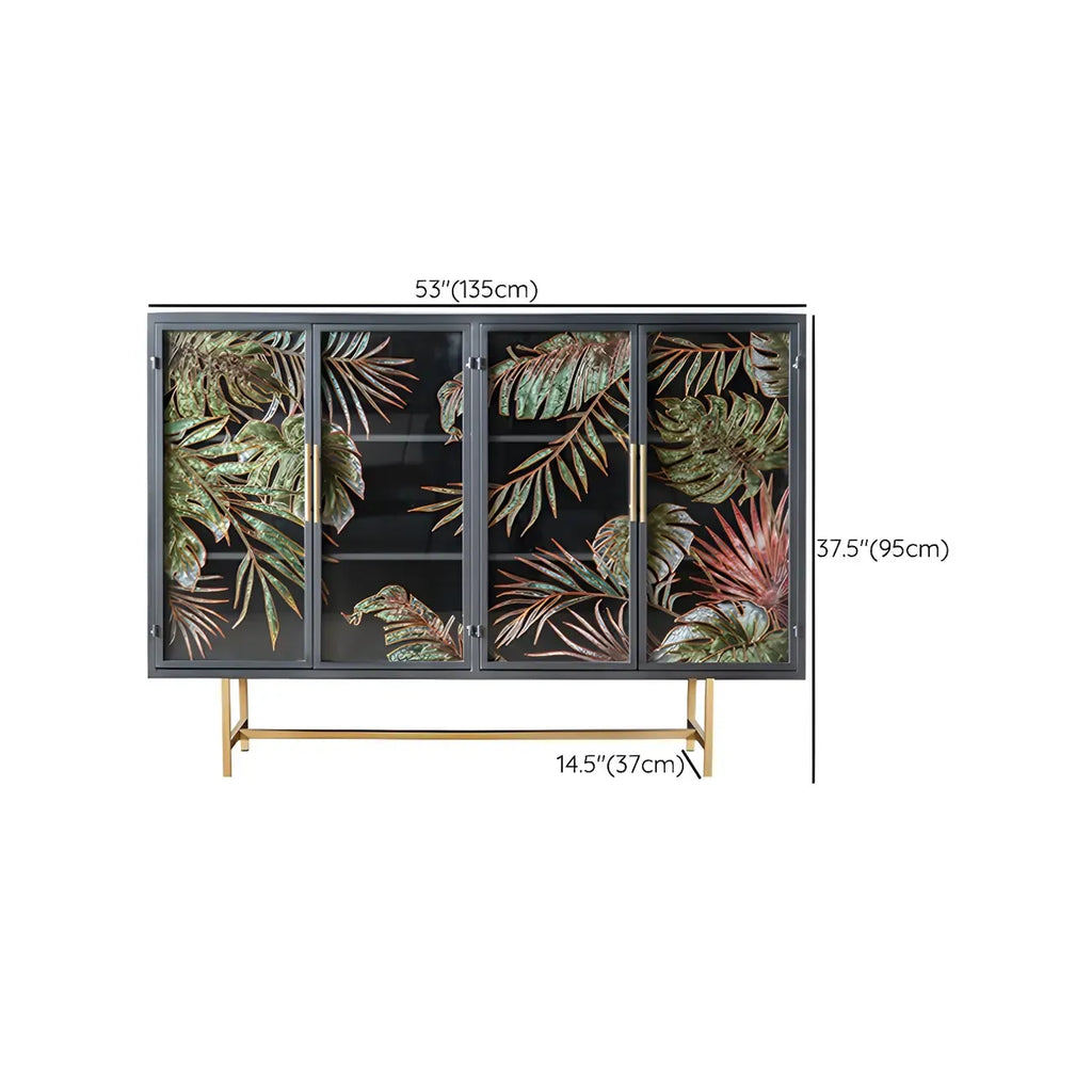Vitrine en bois gris avec portes vitrées et pieds dorés