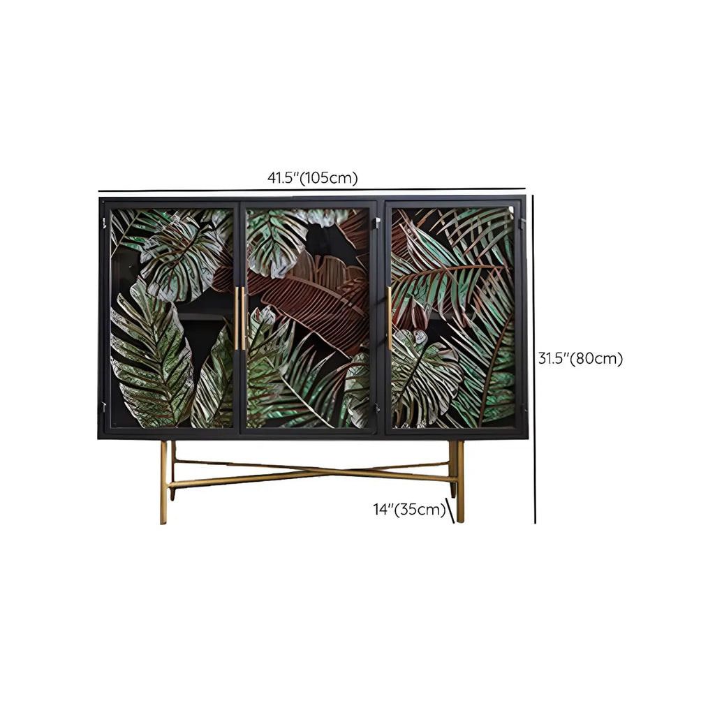 Vitrine en bois gris avec portes vitrées et pieds dorés