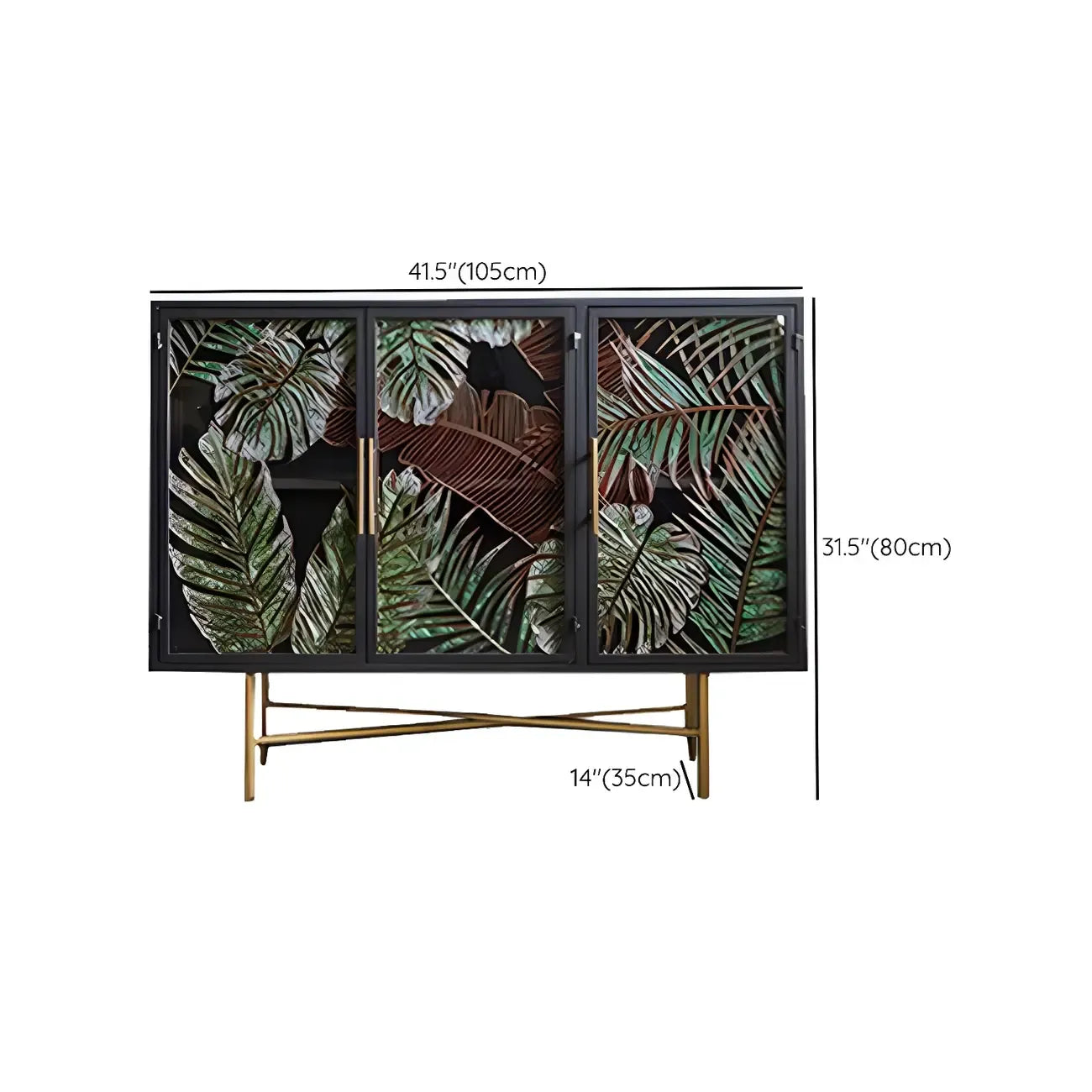 Vitrine en bois gris avec portes vitrées et pieds dorés