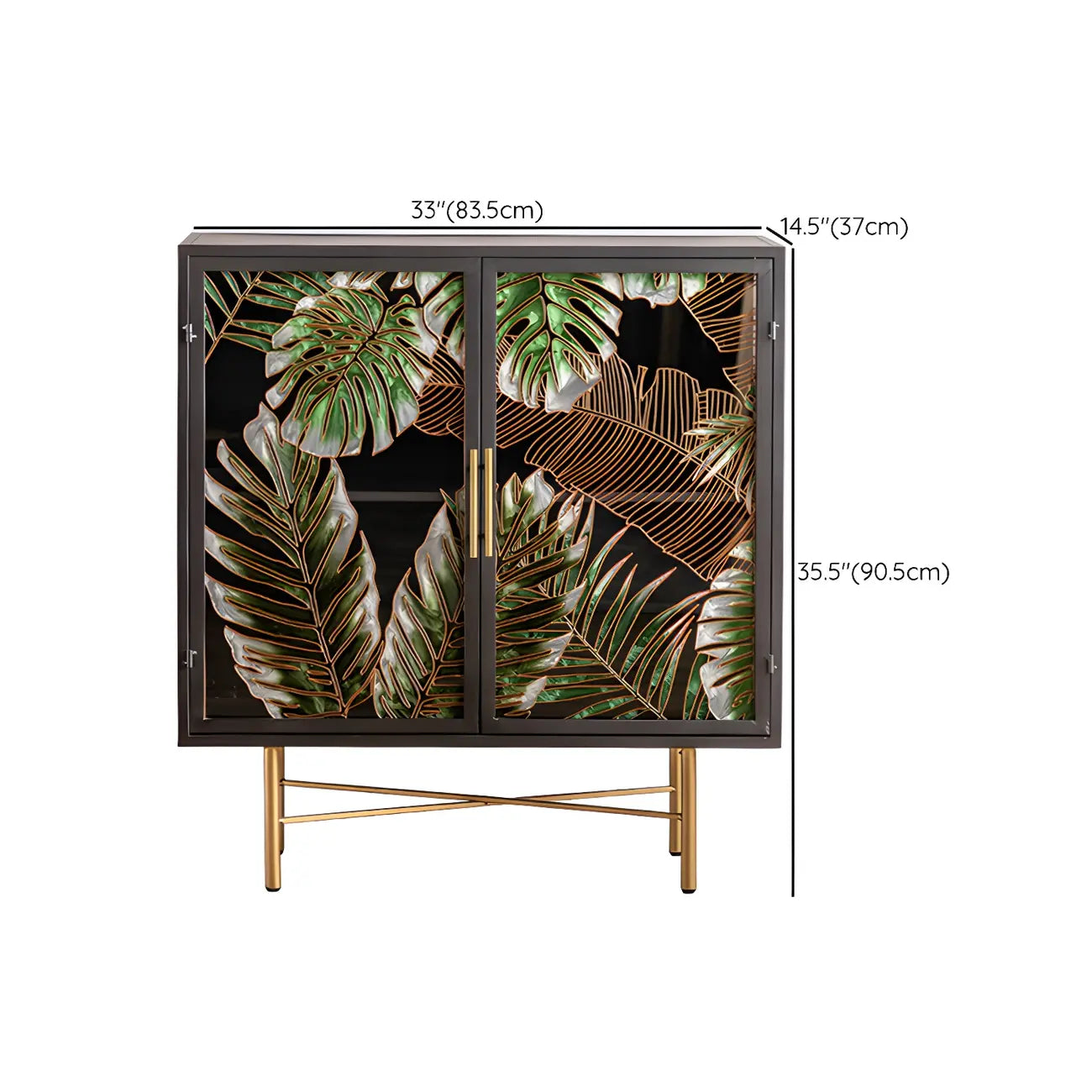 Vitrine en bois gris avec portes vitrées et pieds dorés