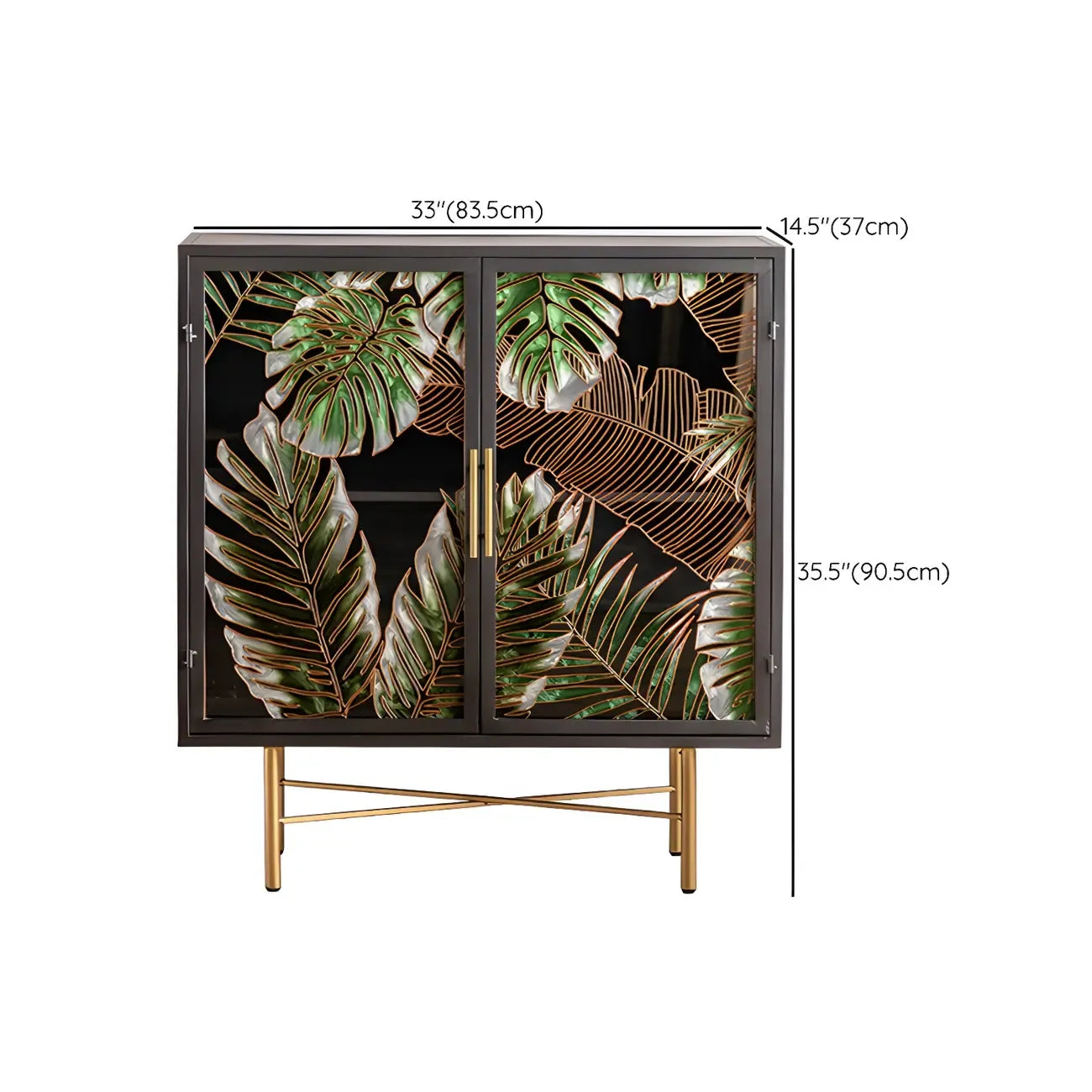 Vitrine en bois gris avec portes vitrées et pieds dorés