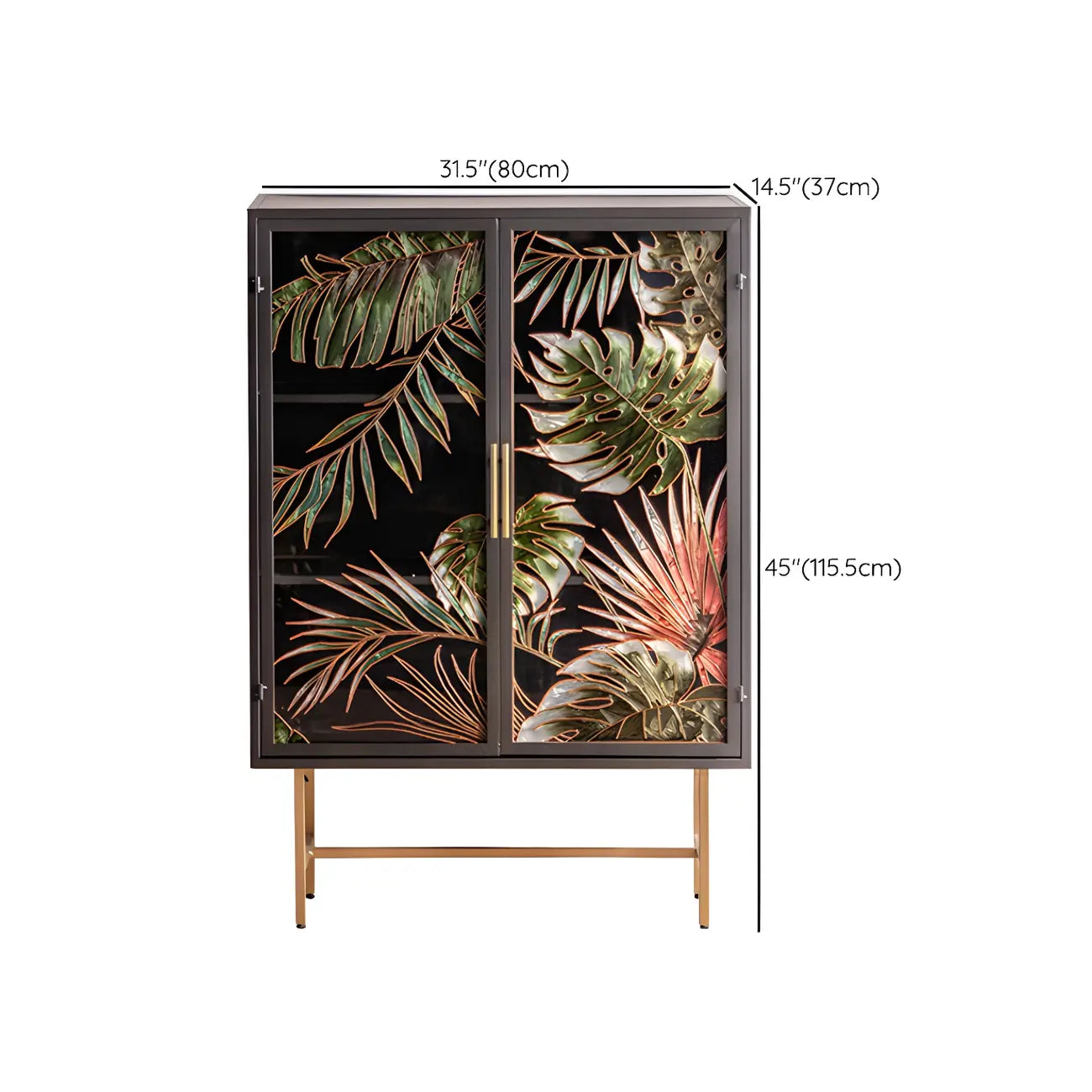 Vitrine en bois gris avec portes vitrées et pieds dorés