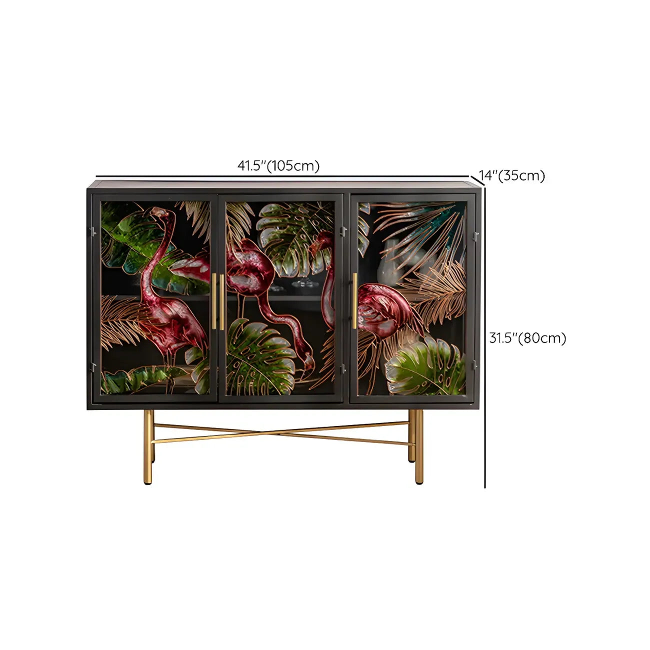 Vitrine en bois gris avec portes vitrées et pieds dorés