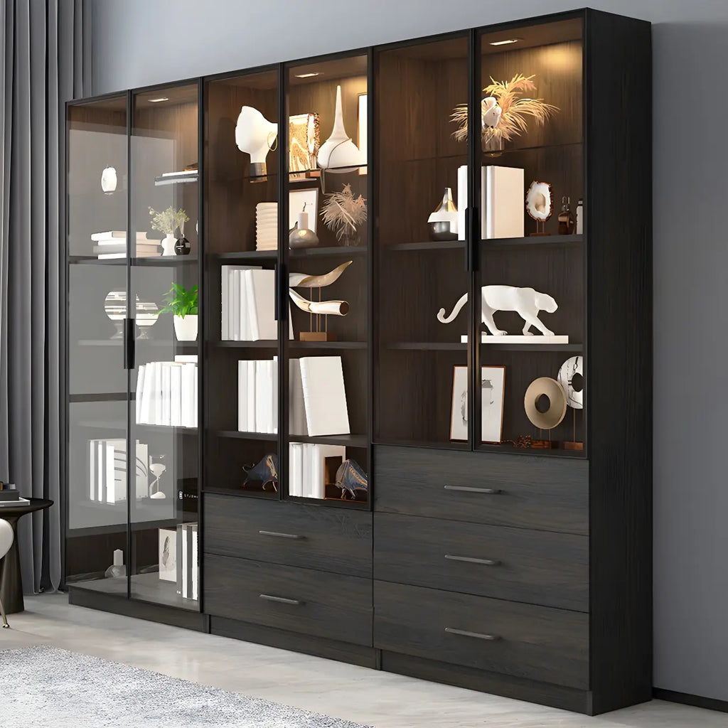 Grande vitrine en bois avec portes en verre noir et tiroirs