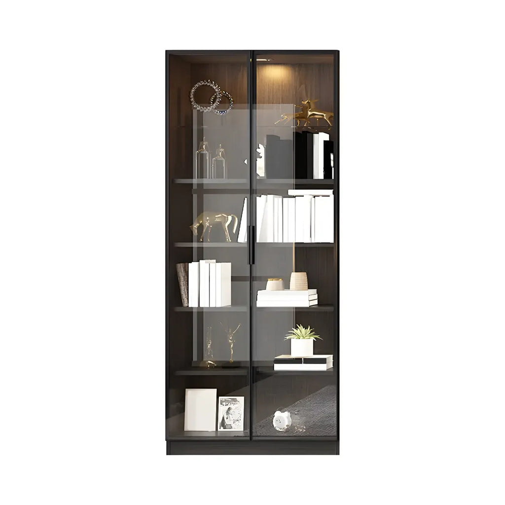 Grande vitrine en bois avec portes en verre noir et tiroirs