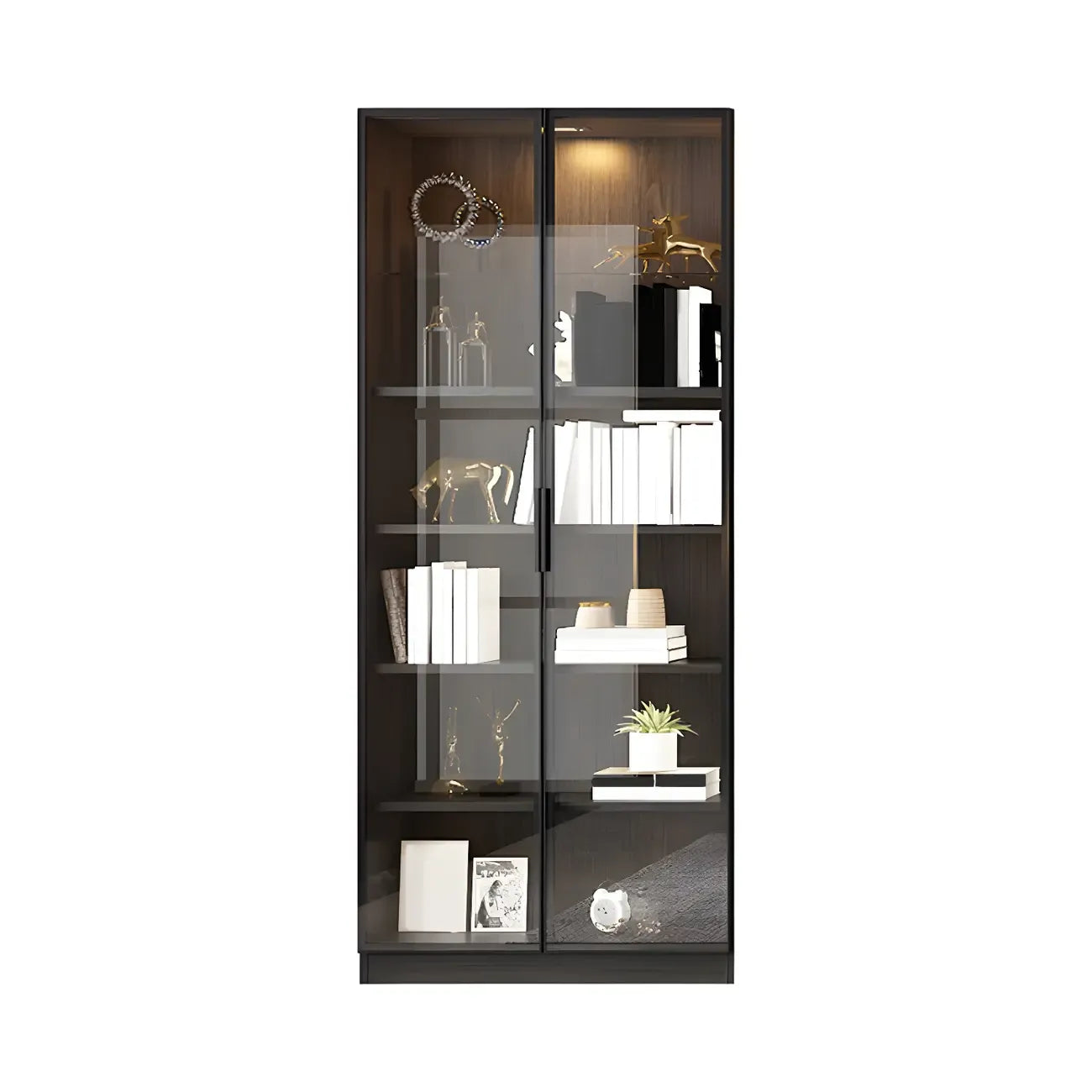 Grande vitrine en bois avec portes en verre noir et tiroirs