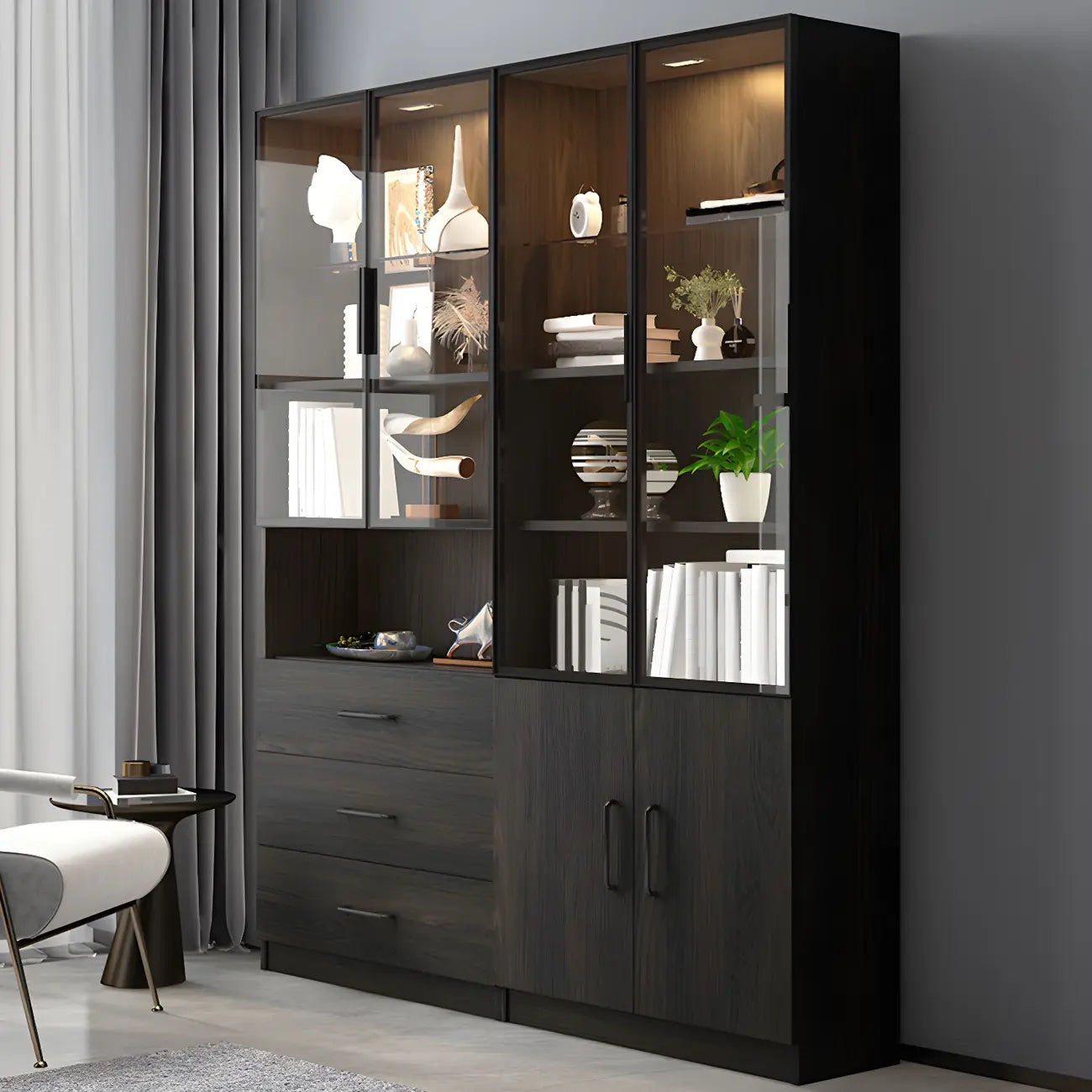 Grande vitrine en bois avec portes en verre noir et tiroirs