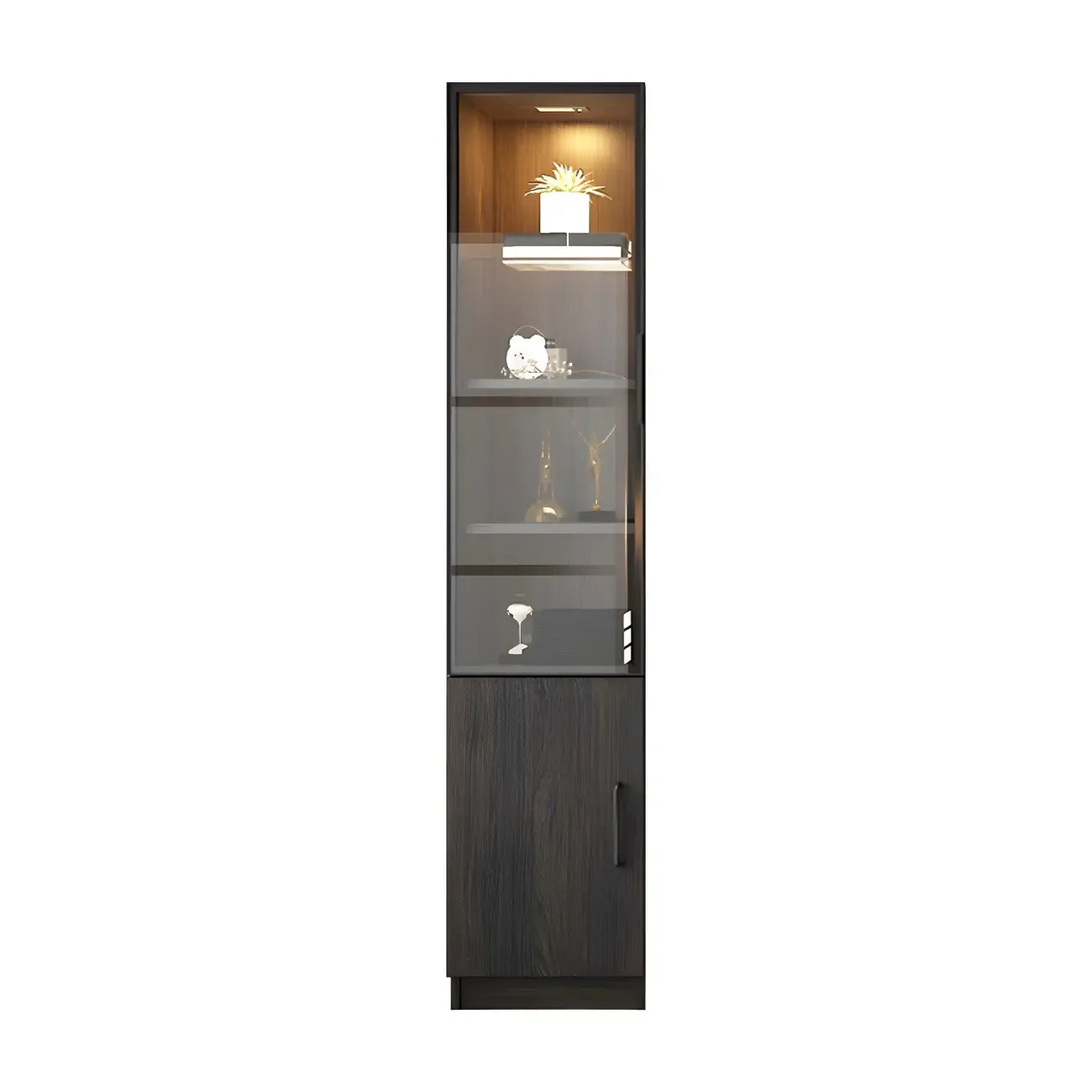 Grande vitrine en bois avec portes en verre noir et tiroirs