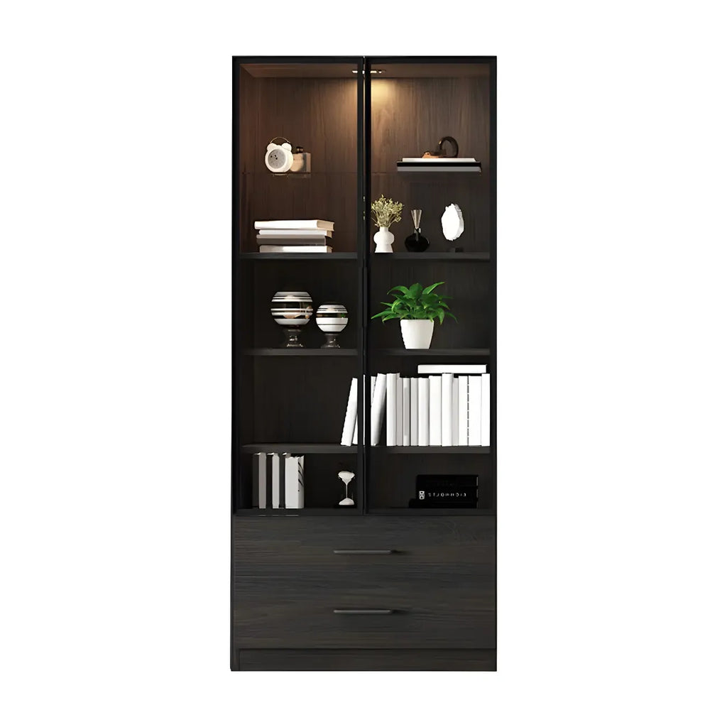 Grande vitrine en bois avec portes en verre noir et tiroirs