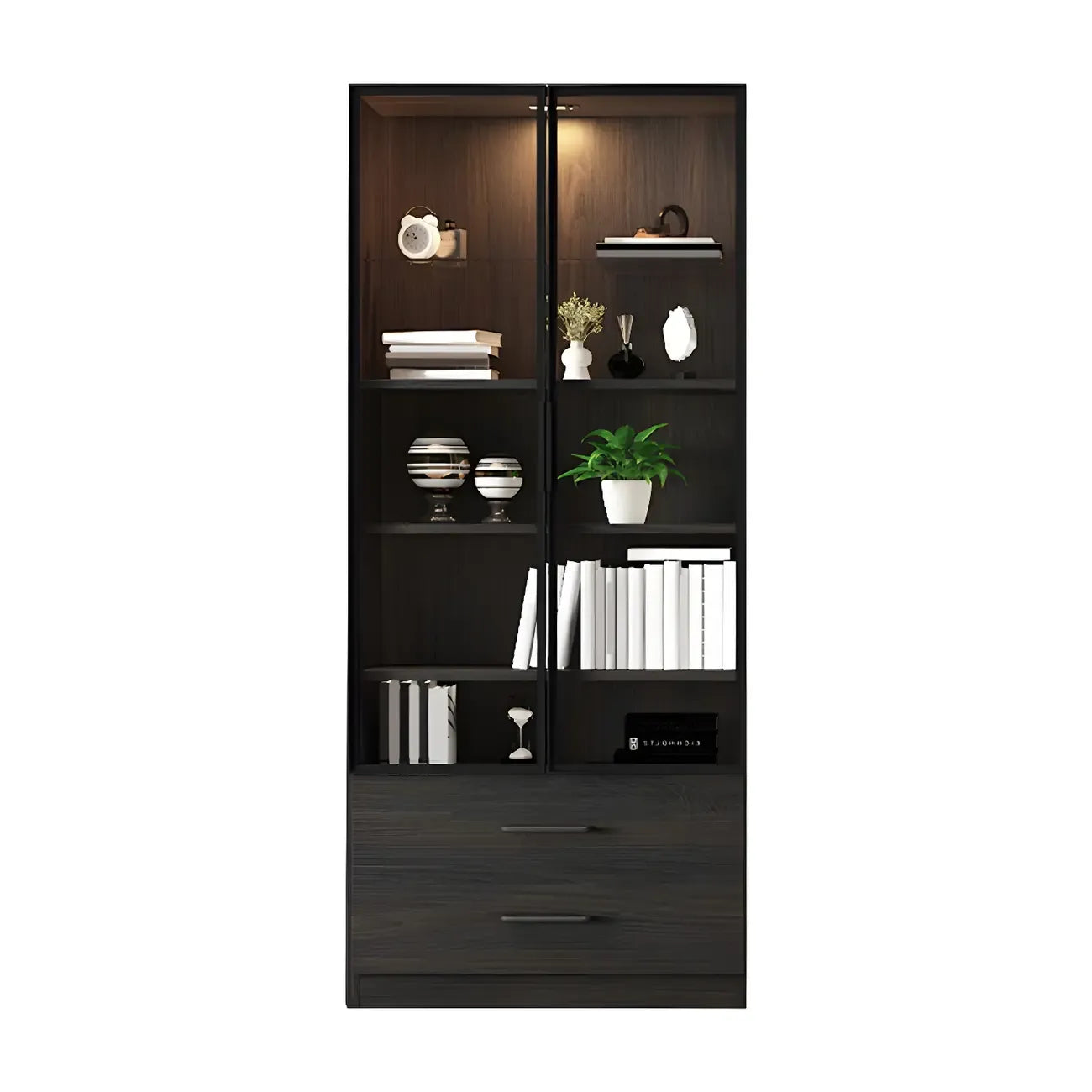 Grande vitrine en bois avec portes en verre noir et tiroirs