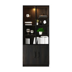 Grande vitrine en bois avec portes en verre noir et tiroirs
