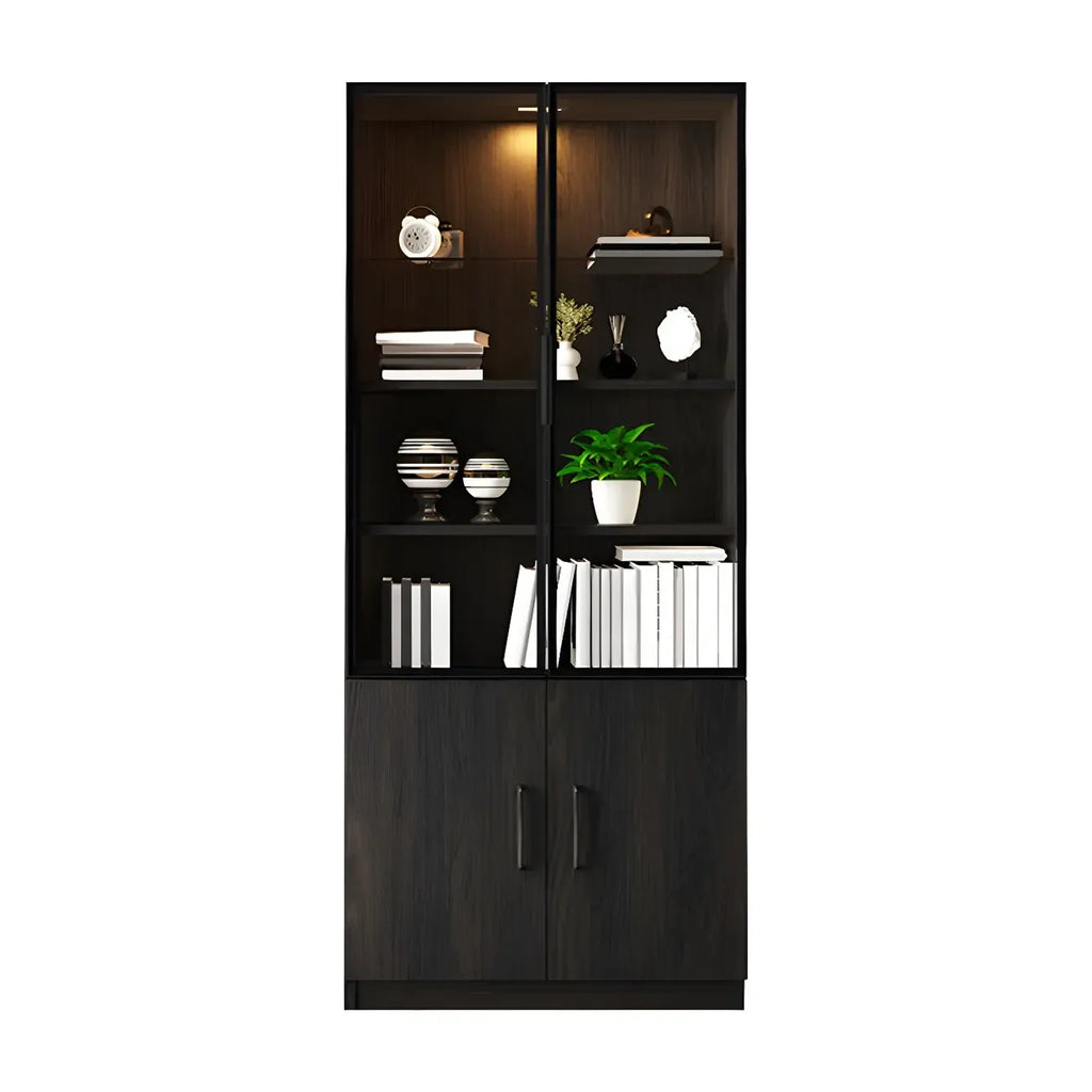 Grande vitrine en bois avec portes en verre noir et tiroirs
