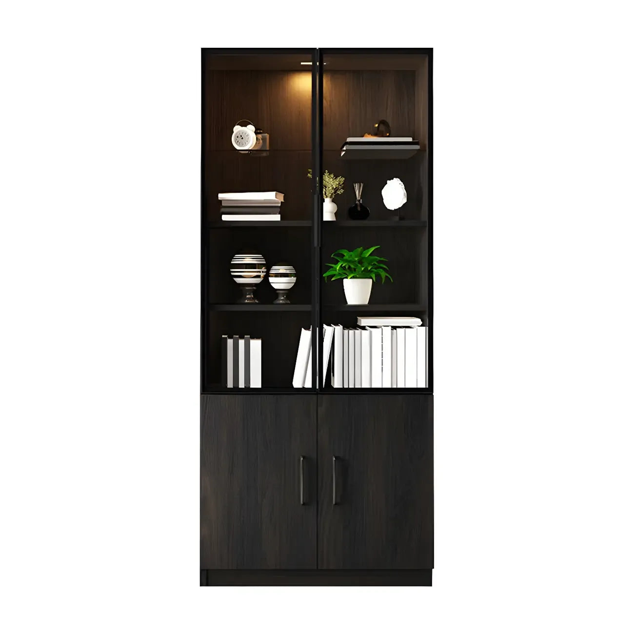 Grande vitrine en bois avec portes en verre noir et tiroirs