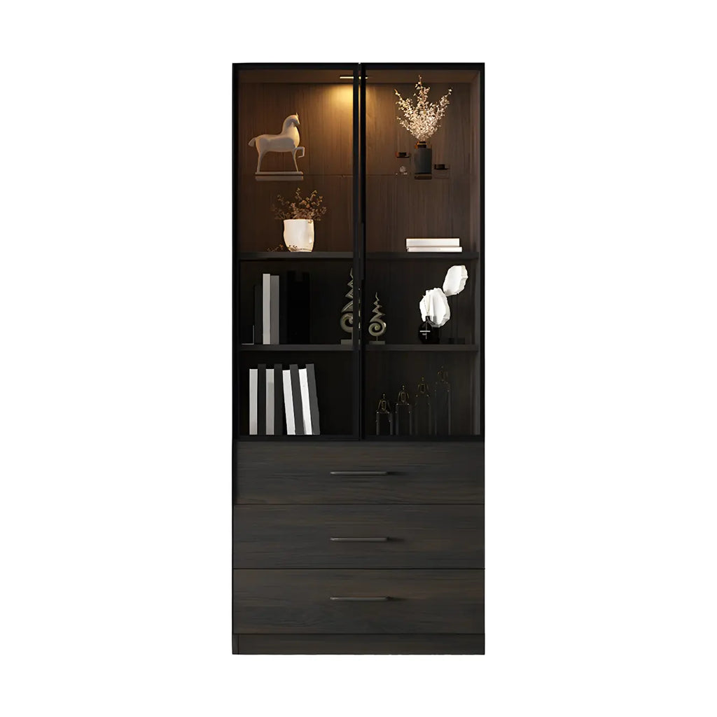 Grande vitrine en bois avec portes en verre noir et tiroirs