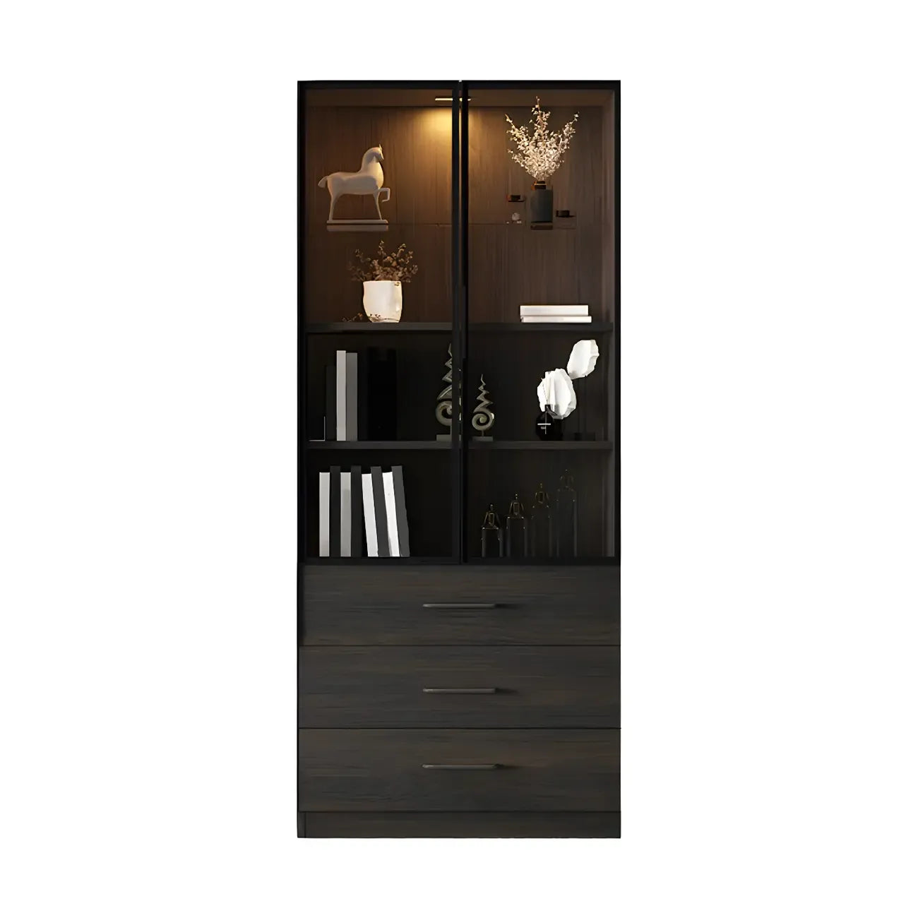 Grande vitrine en bois avec portes en verre noir et tiroirs