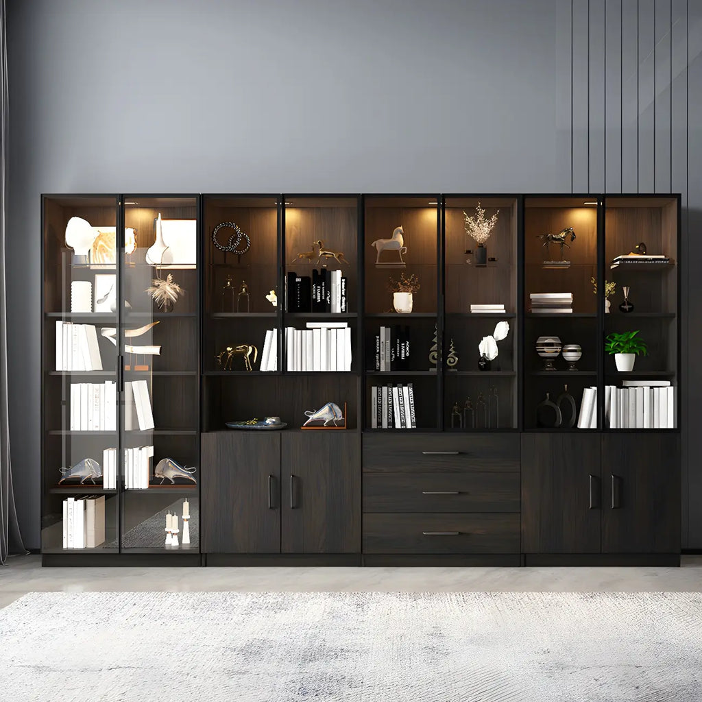 Grande vitrine en bois avec portes en verre noir et tiroirs
